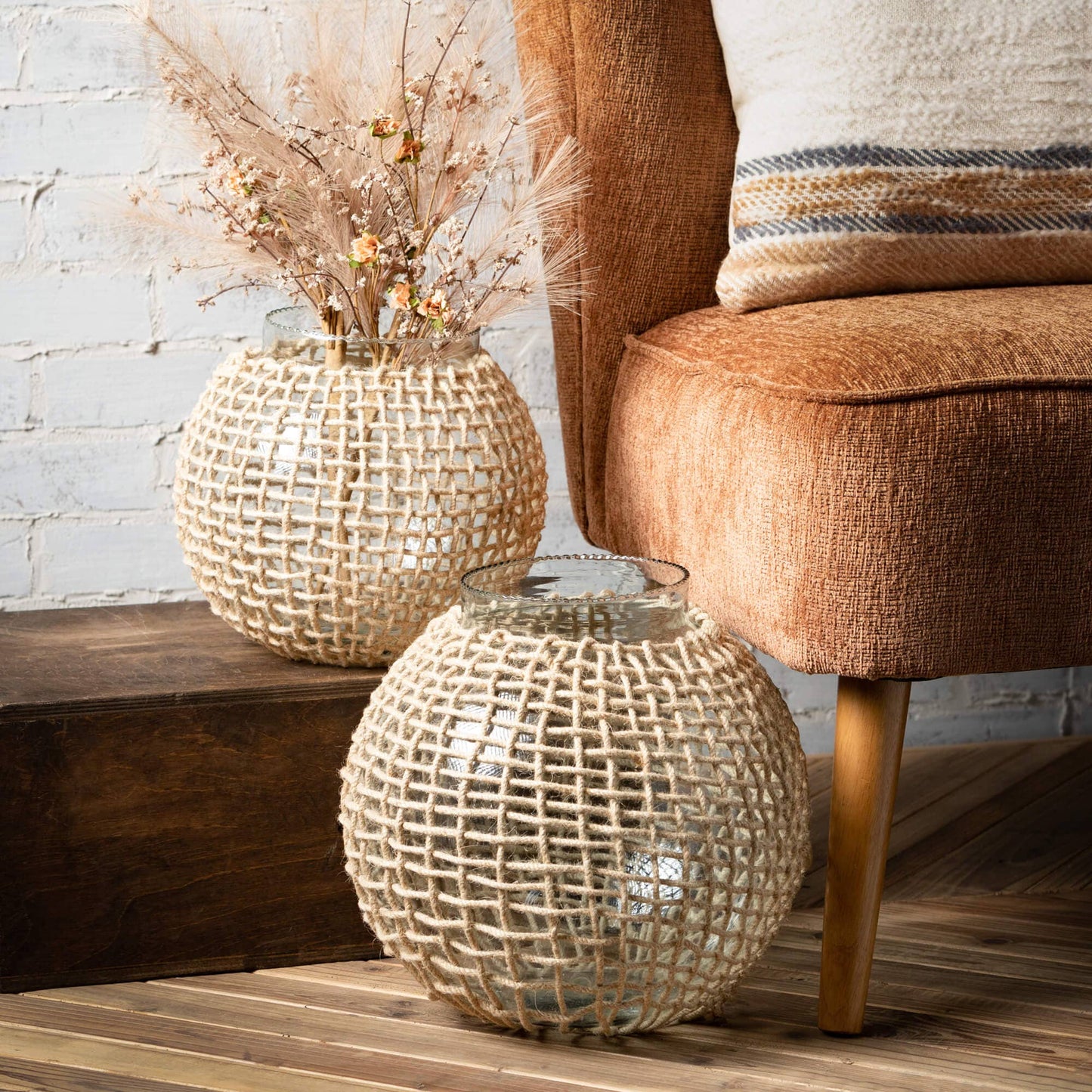 Woven Rattan Glass Sphere vase - Large