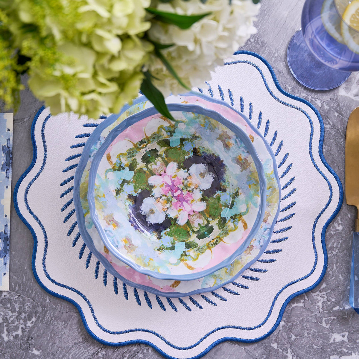 Scalloped Embroidered Feather Placemats - Navy, SumnerEdit (Set of 4): One Size