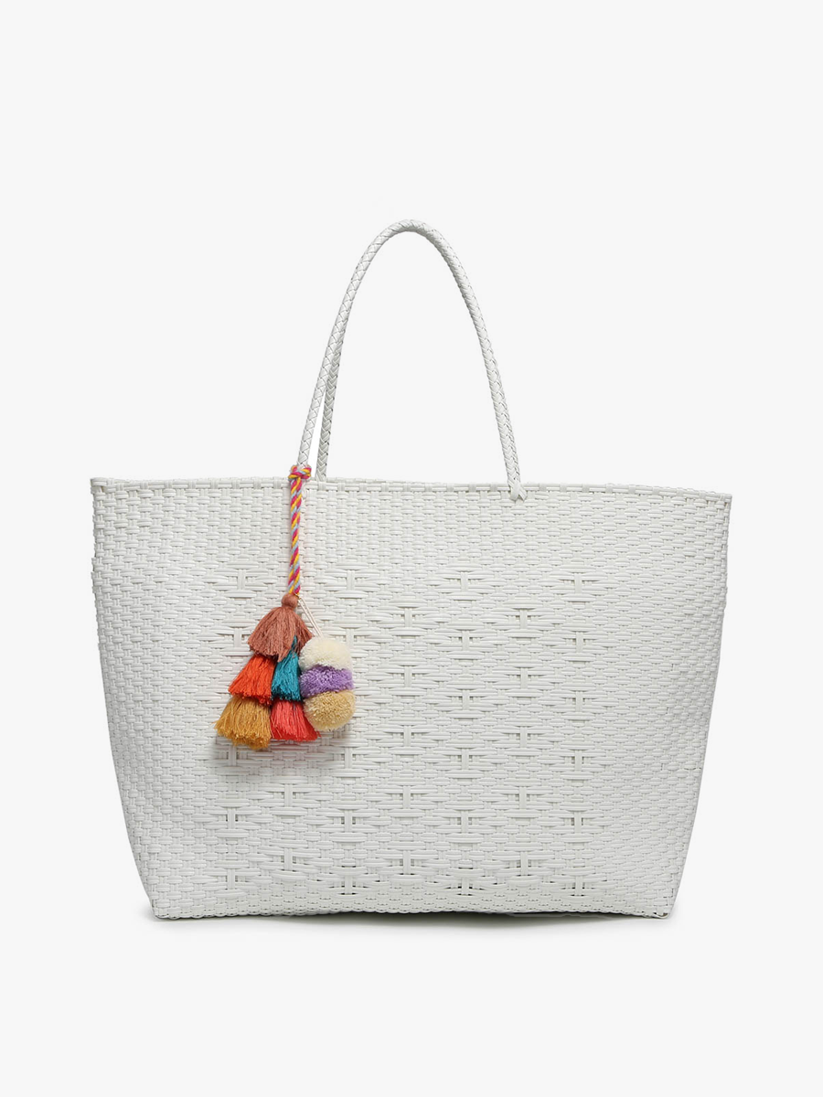 Shelby Large Handwoven Tote w/ Pom-Poms: Diamond-White