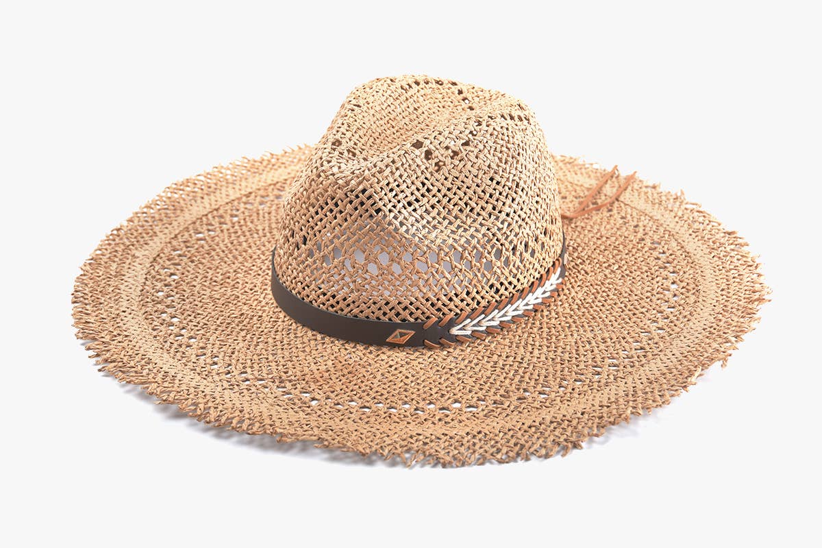 Claudia Wide Brim Straw Hat w/ Frayed Edge: Natural