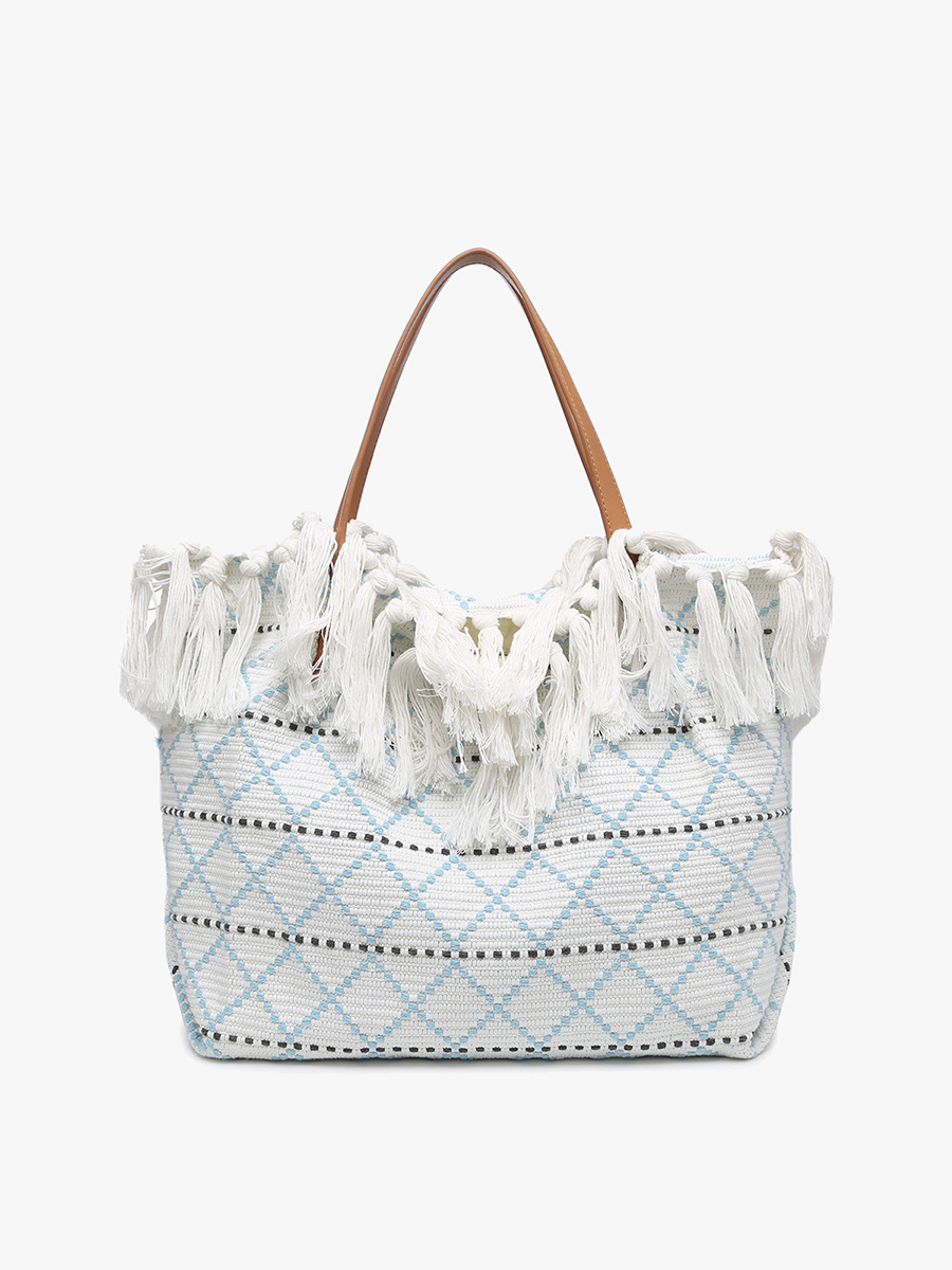 Madison Handwoven Fringe Tote: Blue/White