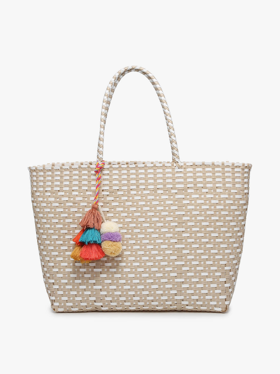 Shelby Large Handwoven Tote w/ Pom-Poms: Taupe/White