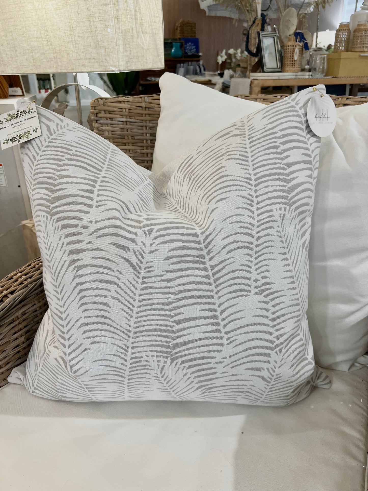 White & Grey Palm Frond Indoor/Outdoor Pillow Cover