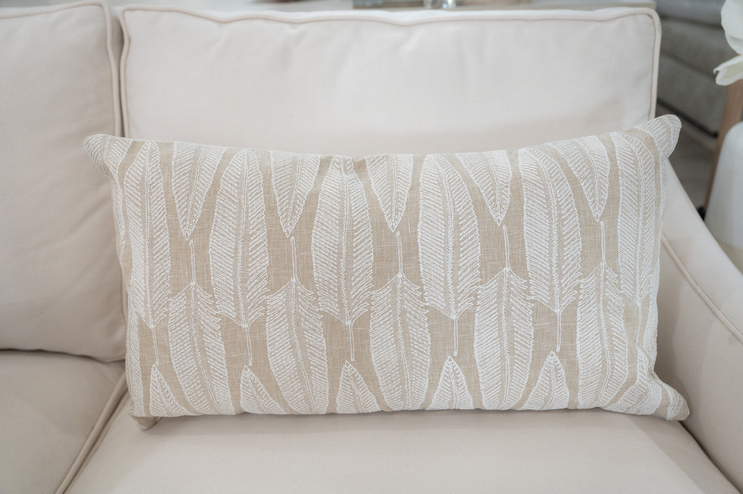 Sand & White Feather Lumbar Pillow Cover