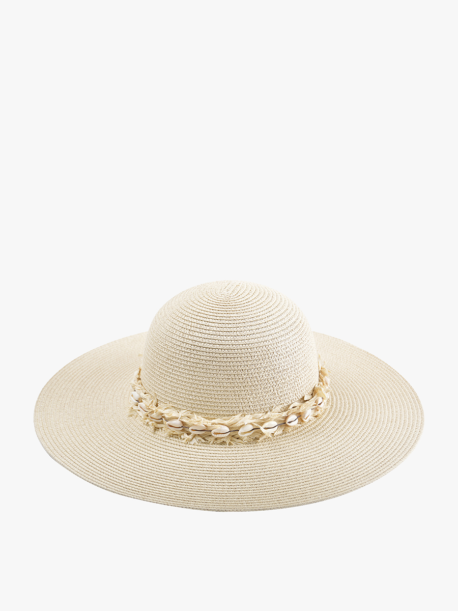 Dion Seashell Trim Wide Brim Straw Hat: Beige