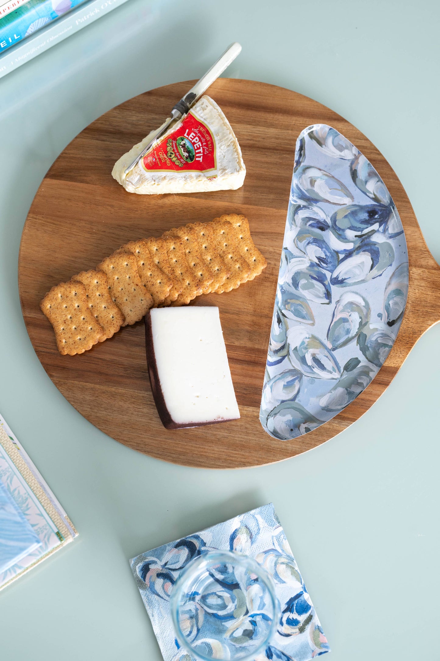 Pewter Shell Round Wooden Serving Tray