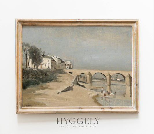 Vintage Landscape Coast Painting with Bridge Art Print L139: 11"x14"