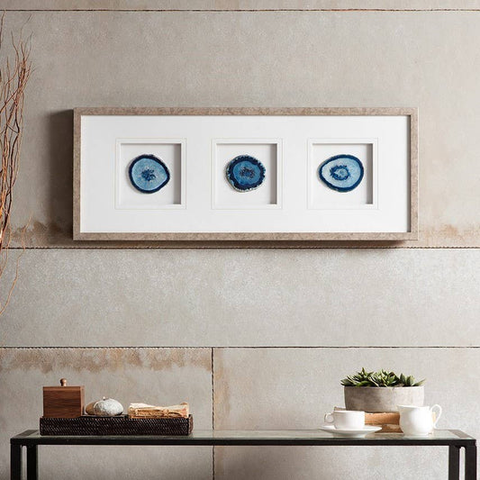 Blue Agate Stone Cut Framed Wall Art Decor, Trio