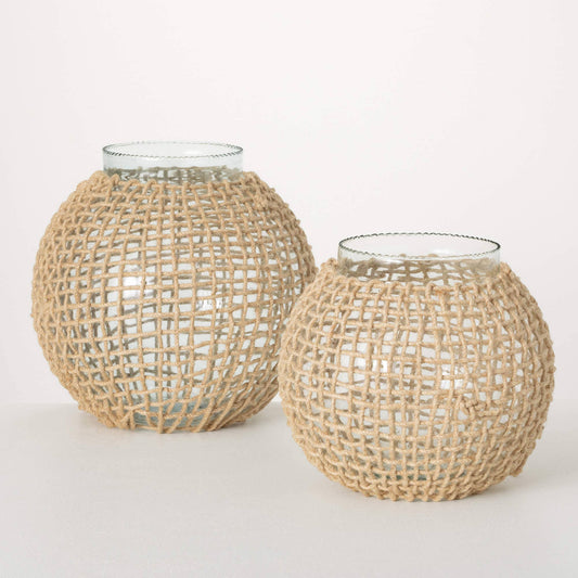 Woven Rattan Glass Sphere vase - Large