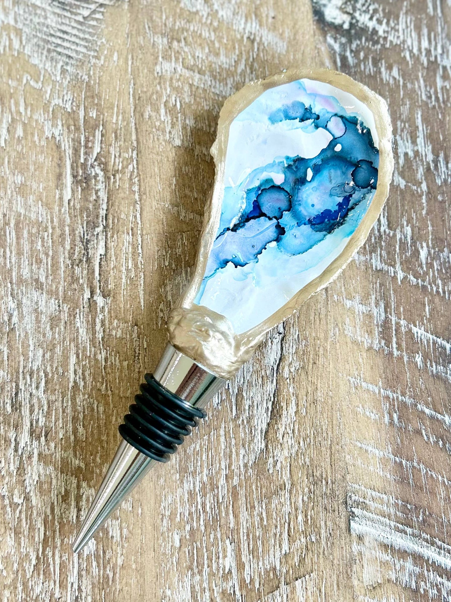 Hand Painted - Oyster Bottle Stopper - Deep Pacific Blue