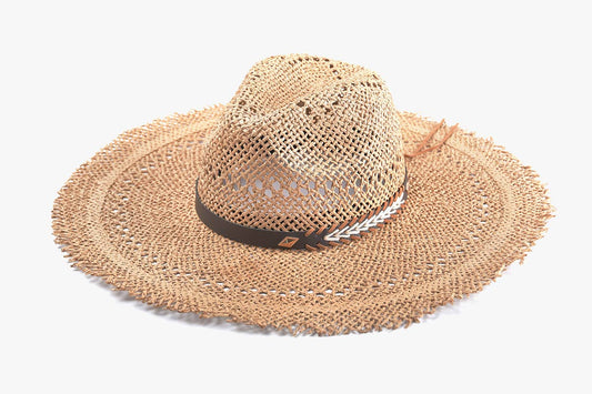 Claudia Wide Brim Straw Hat w/ Frayed Edge: Natural