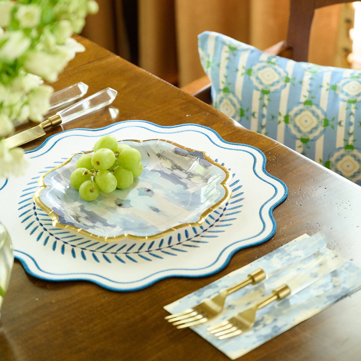 Scalloped Embroidered Feather Placemats - Navy, SumnerEdit (Set of 4): One Size
