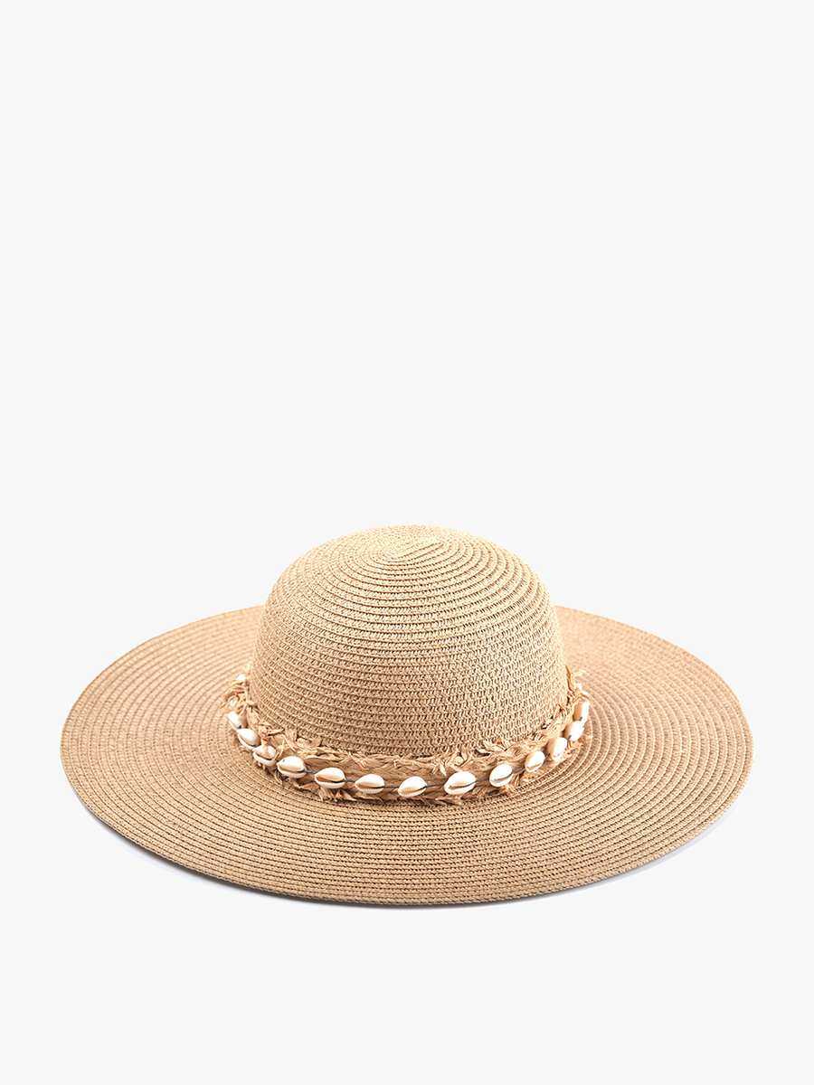 Dion Seashell Trim Wide Brim Straw Hat: Beige