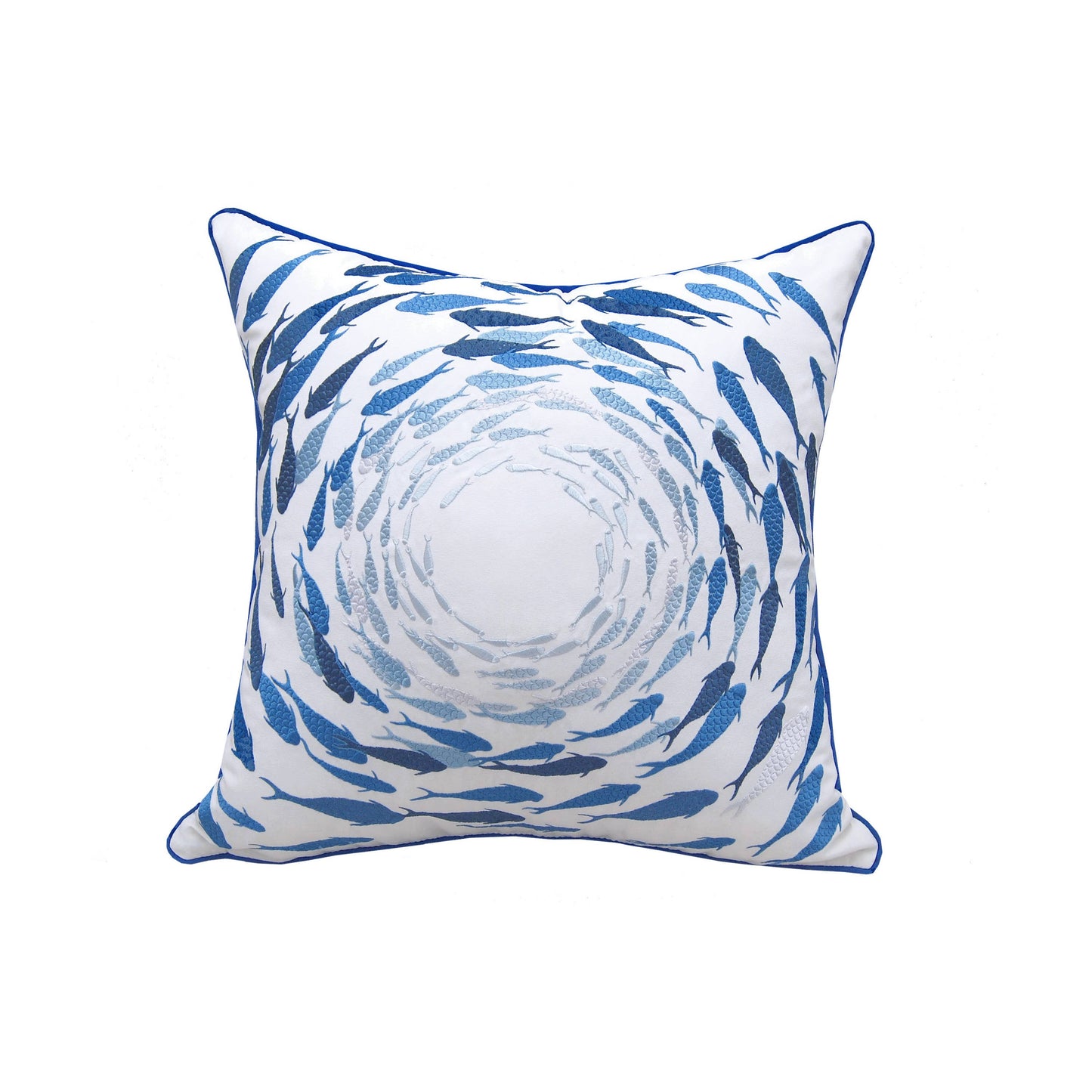 Azure Fish School Embroidered Indoor/outdoor Pillow