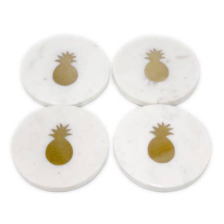 White Marble Coasters w/ Gold Pineapple S/4