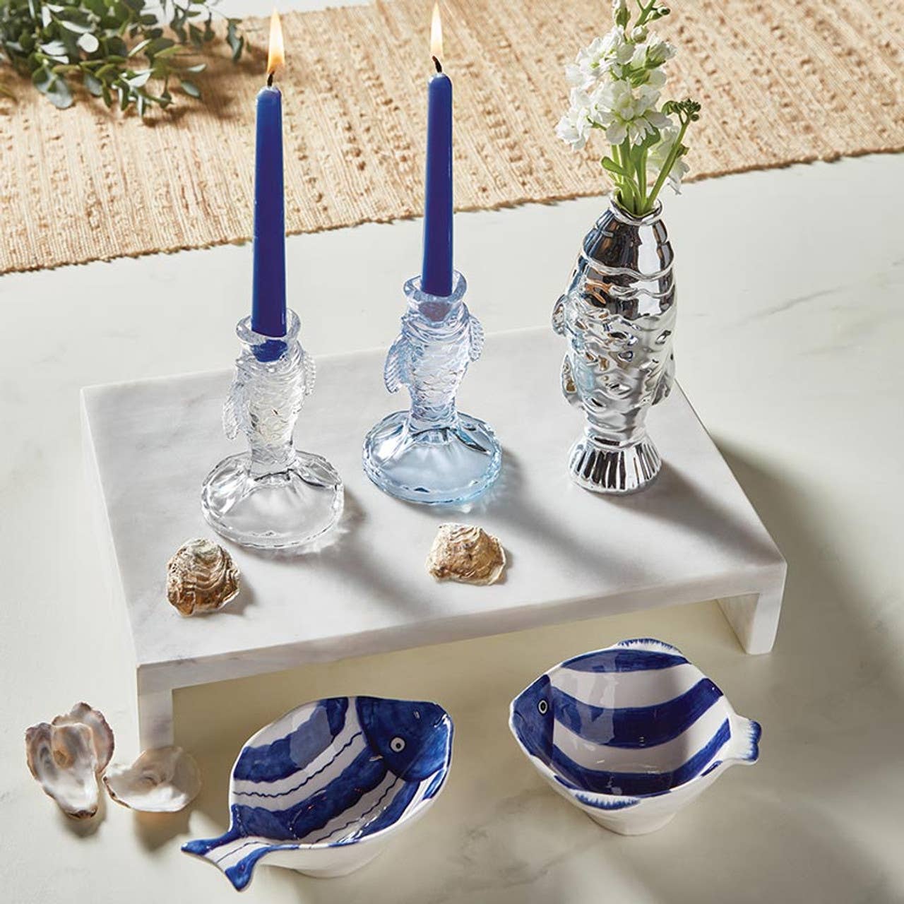 Blue Glass Fish Taper Candle Holder