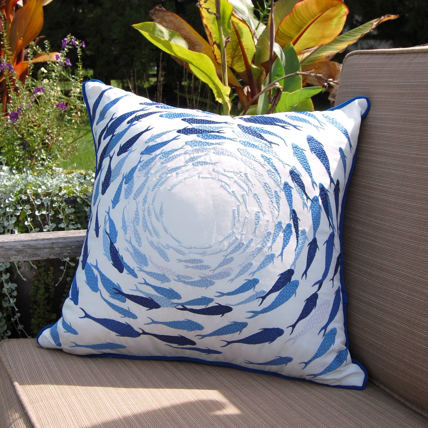 Azure Fish School Embroidered Indoor/outdoor Pillow