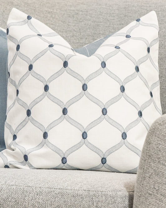 Blue & White Embroidered Wave Pillow