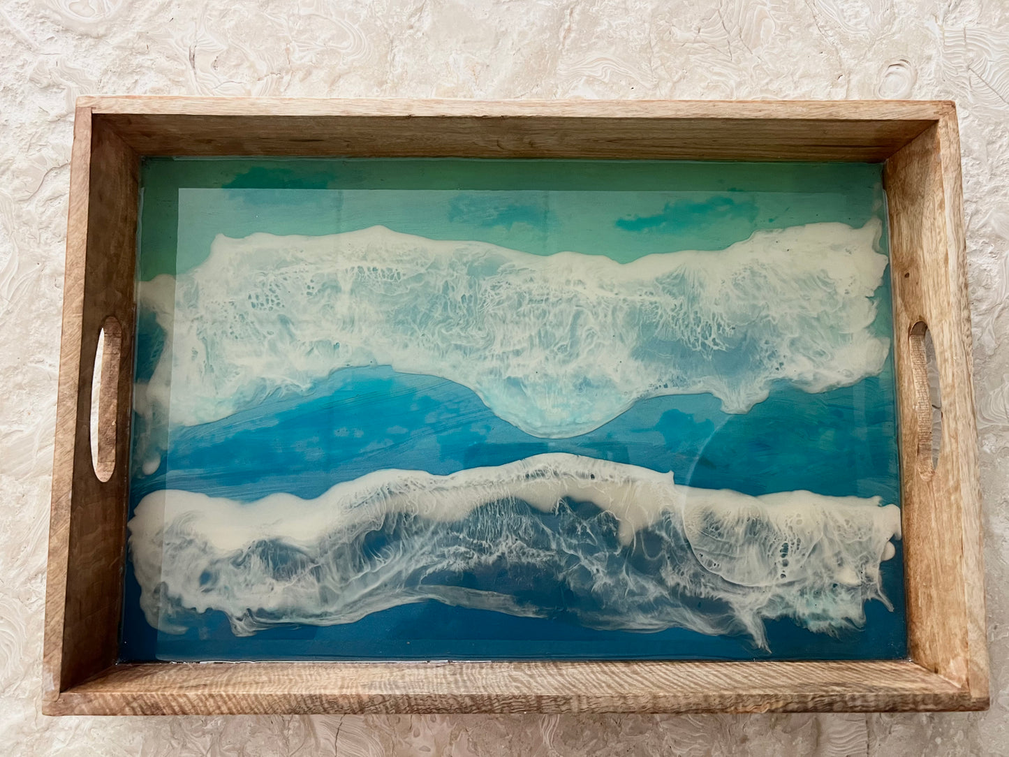 Carved Wood Tray Epoxy Ocean Scene Large