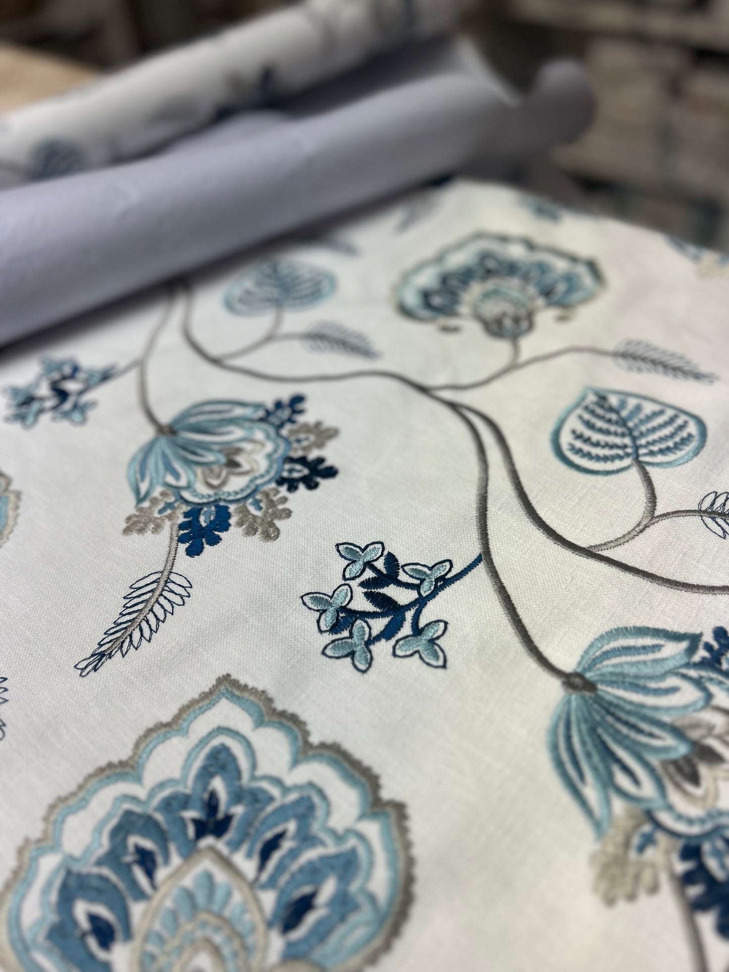 Marine Blue Floral Embroidered Fabric