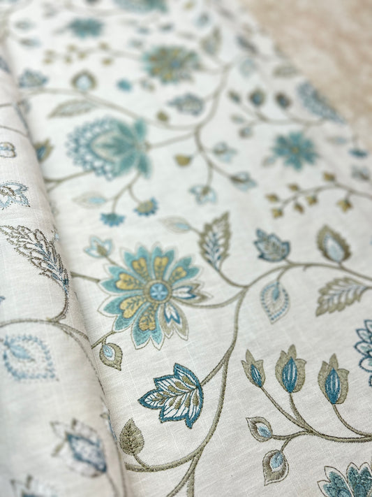 Aqua/Brown Floral Embroidered Fabric