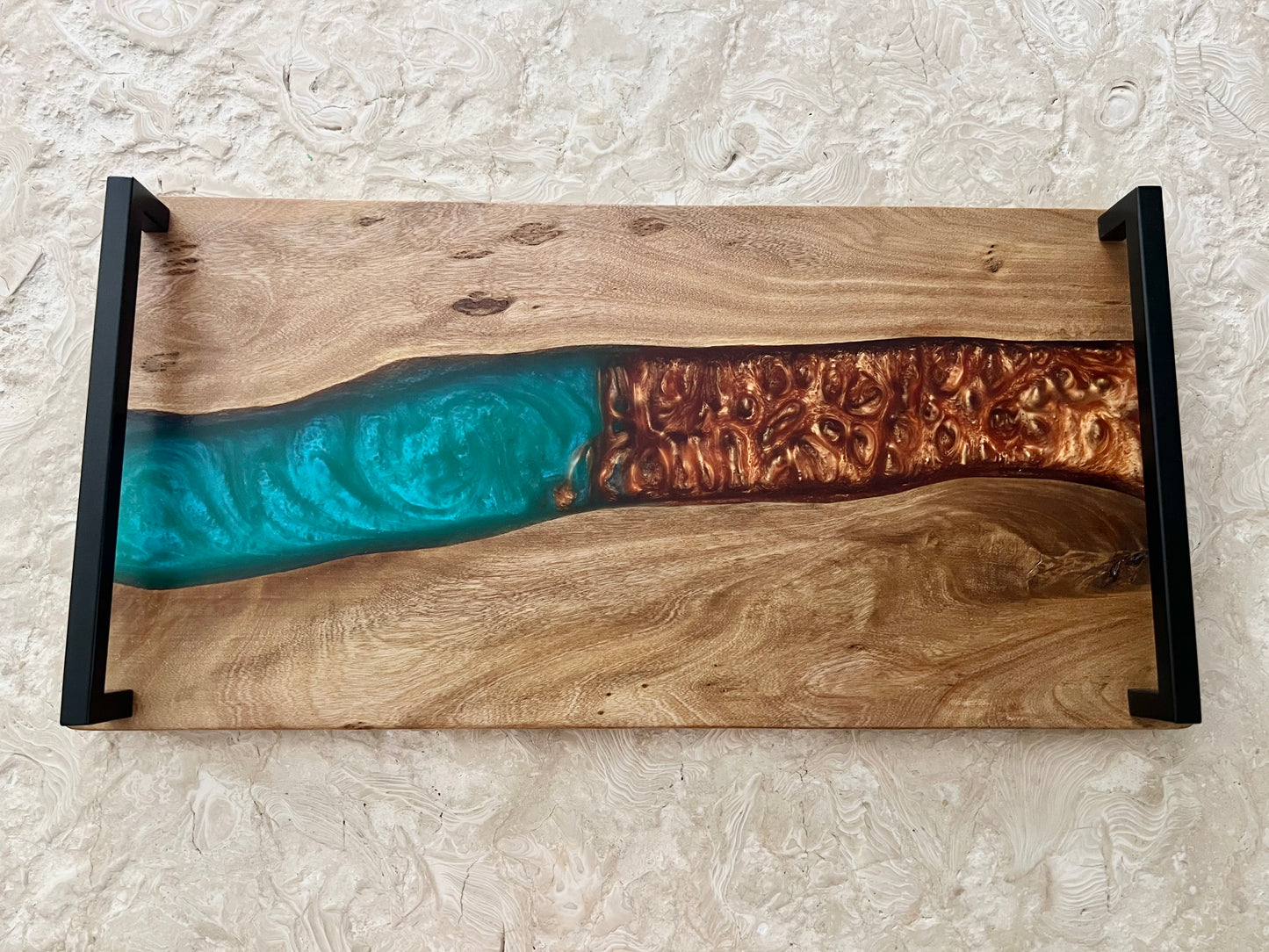 Matte Wood & Teal/Amber Resin Tray