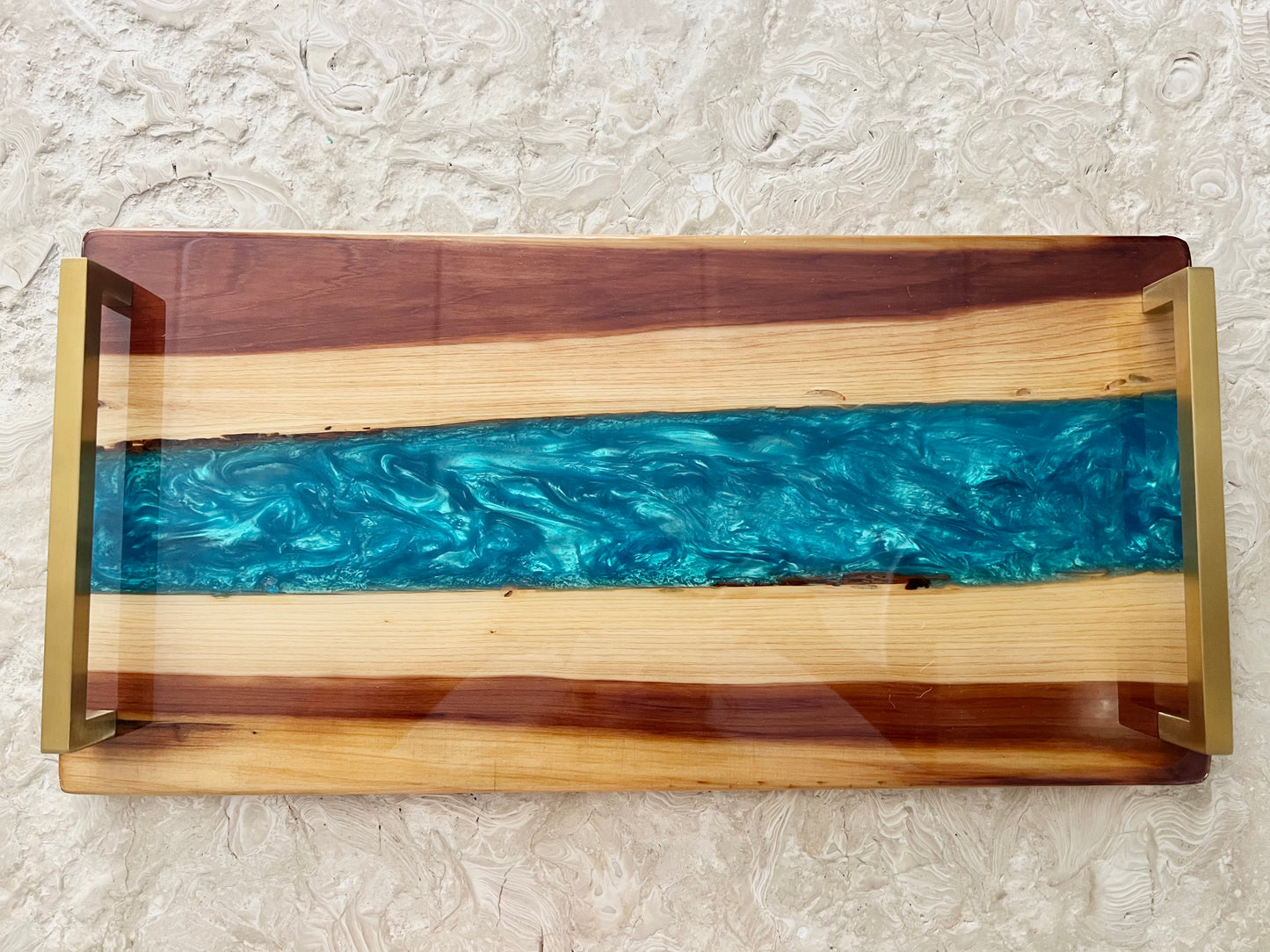 Polished Wood & Teal Swirl Resin Tray