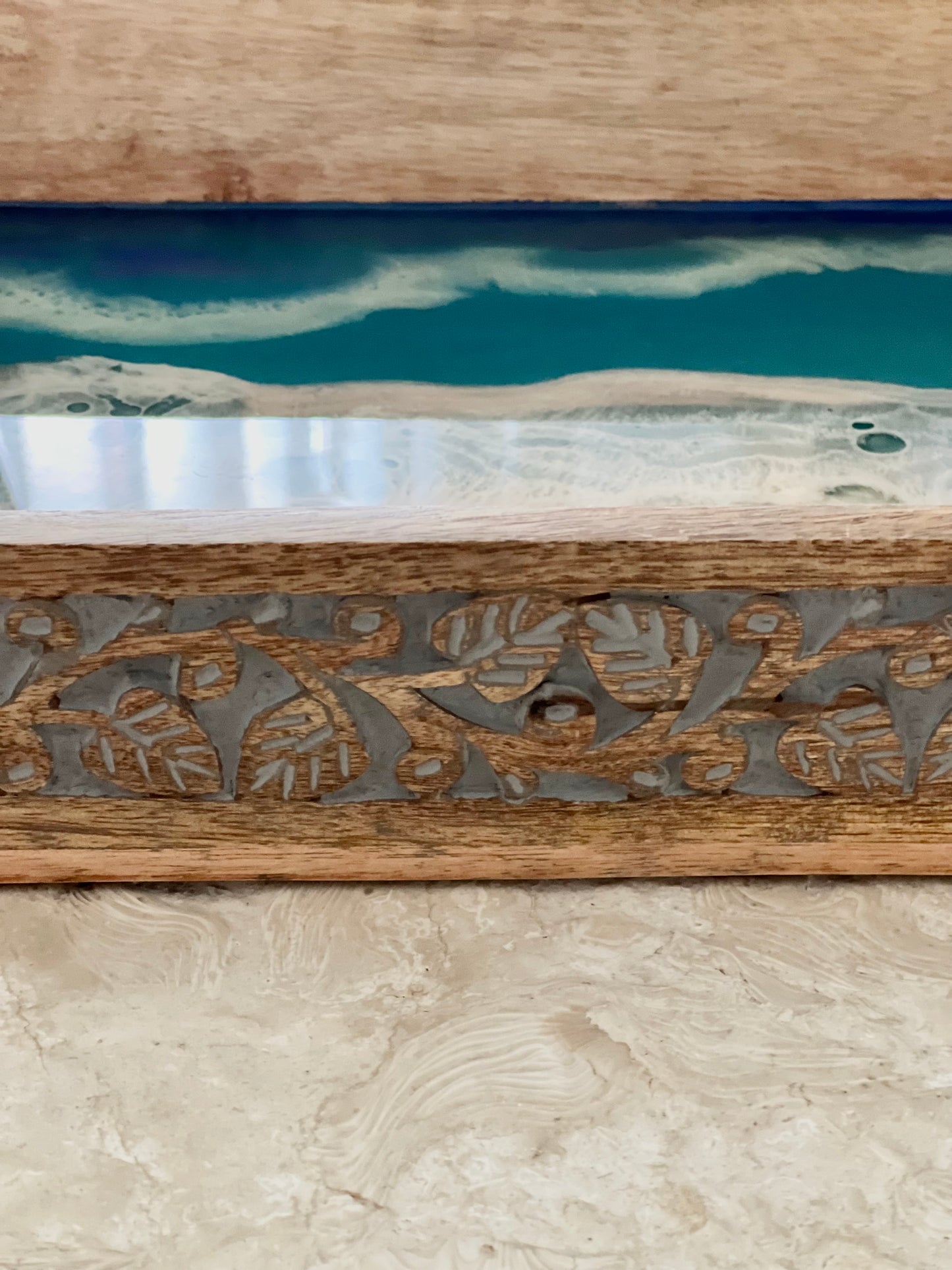 Carved Wood Tray Epoxy Ocean Scene Small