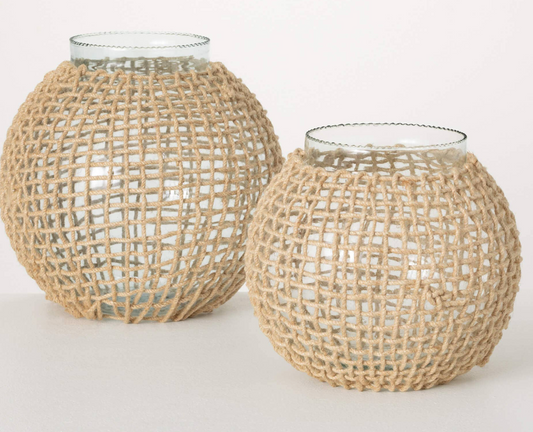 Woven Rattan Glass Sphere vase - Small