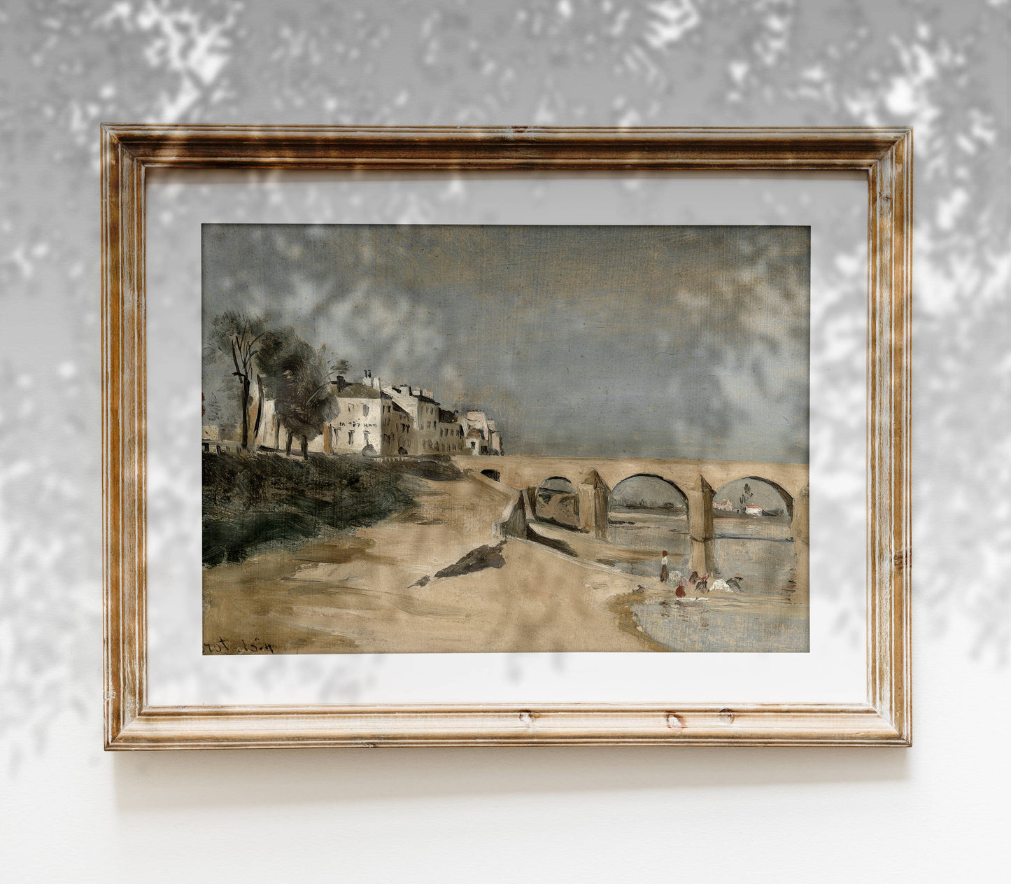 Vintage Landscape Coast Painting with Bridge Art Print L139: 11"x14"