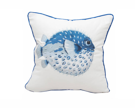 Just Keep Swimming Blue Puffer Indoor/Outdoor Pillow