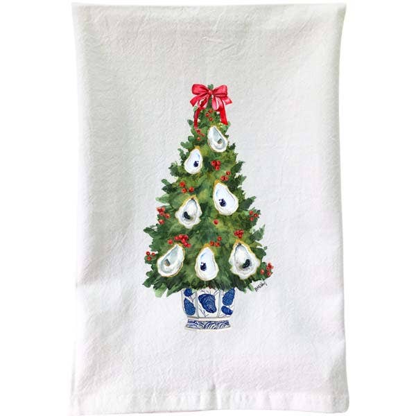 Christmas - Blue & White Oyster Tree Flour Sack Towel