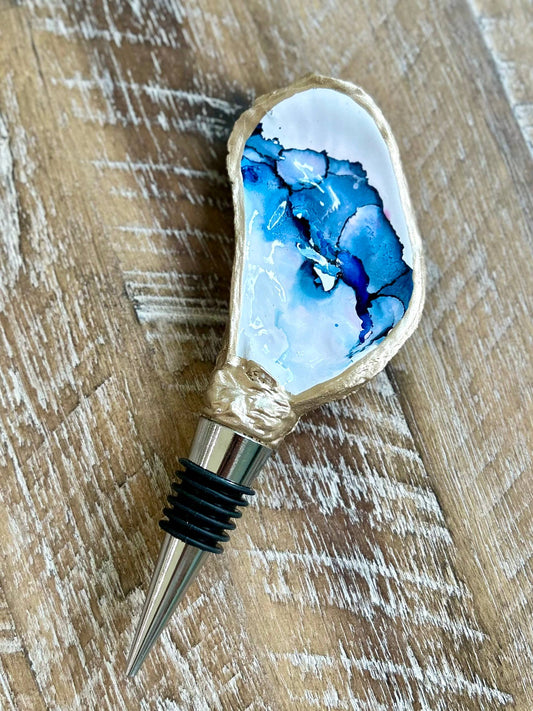 Hand Painted - Oyster Bottle Stopper - Deep Pacific Blue