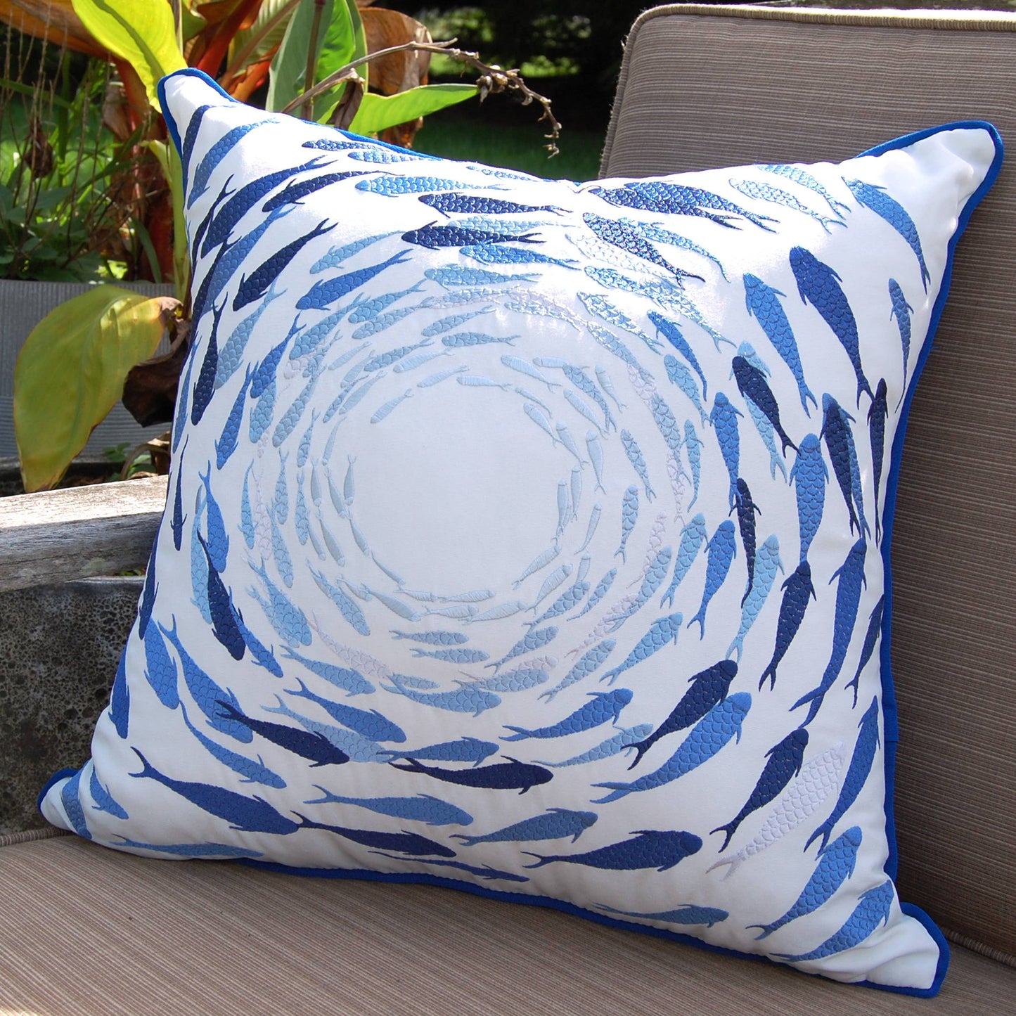 Azure Fish School Embroidered Indoor/outdoor Pillow