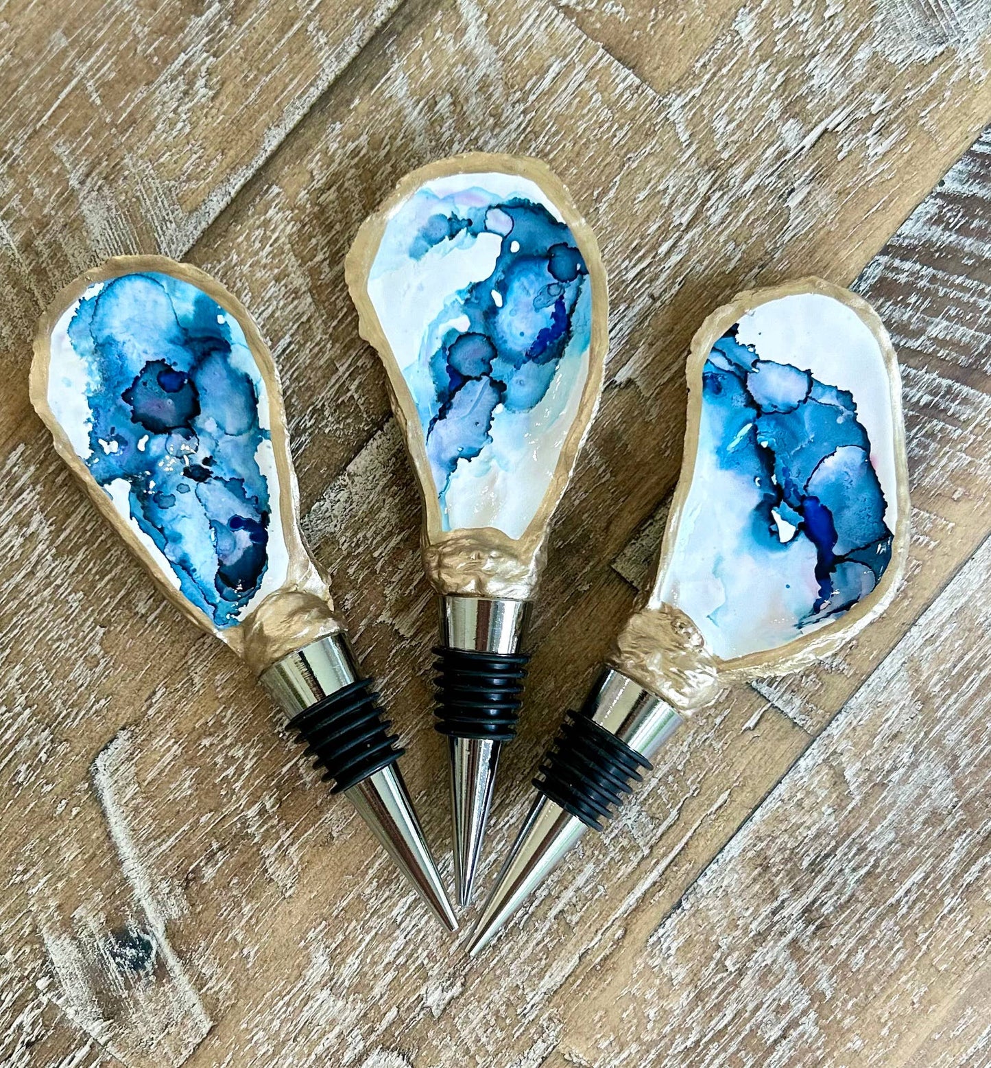 Hand Painted - Oyster Bottle Stopper - Deep Pacific Blue