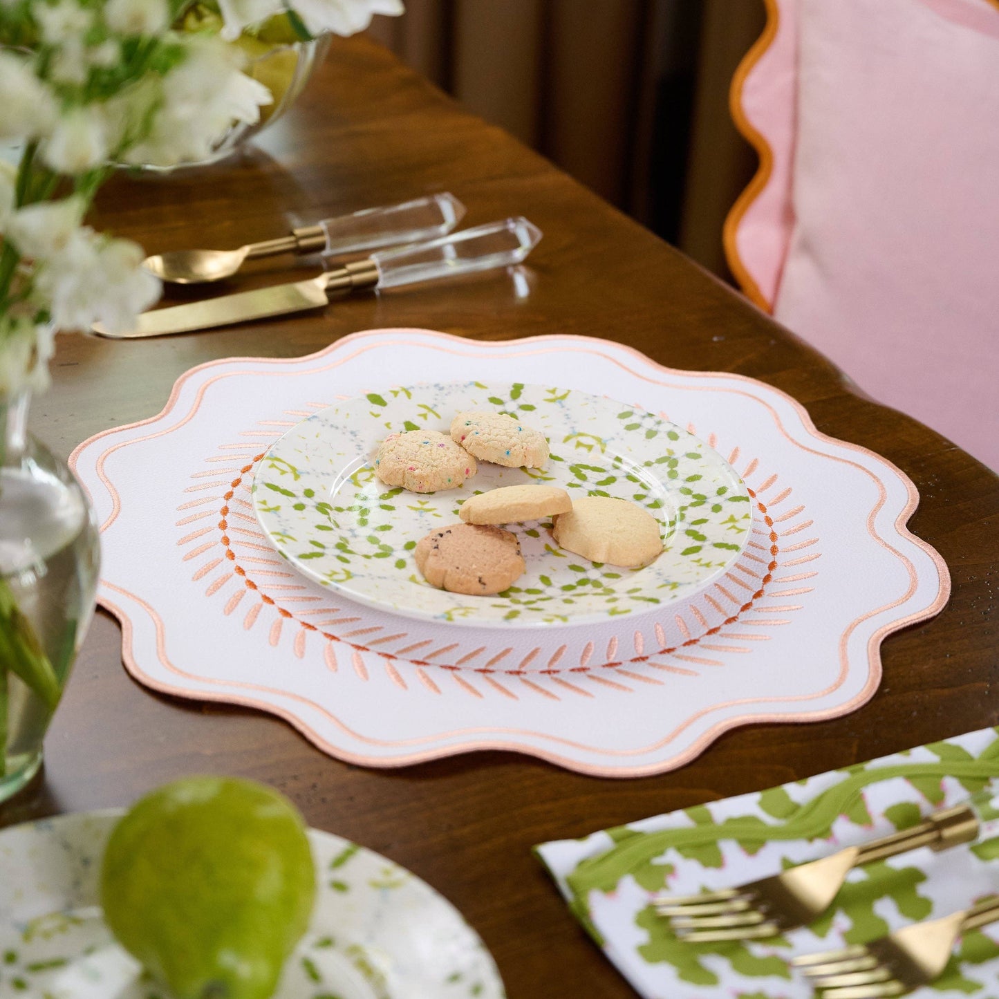 Scalloped Embroidered Feather Placemats - Coral, SumnerEdit (Set of 4): One Size