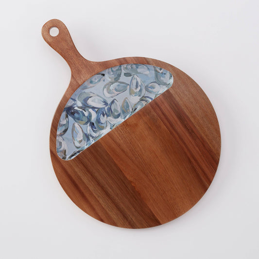 Pewter Shell Round Wooden Serving Tray