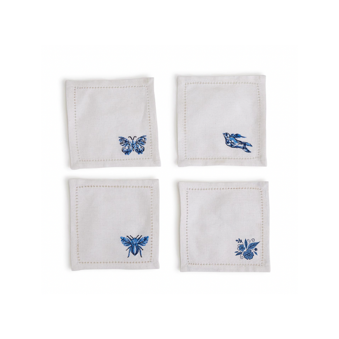 Blue and White Embroidered Cocktail Napkins